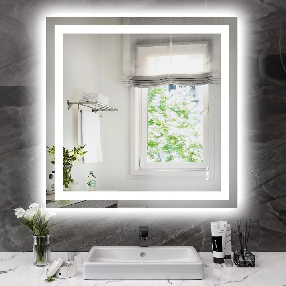 LED Bathroom Mirror Lights 36"x 36" Wall Vanity LED Stepless Dimmable,Double Front and Backlight,Anti-Fog,Memory Smart Mirror