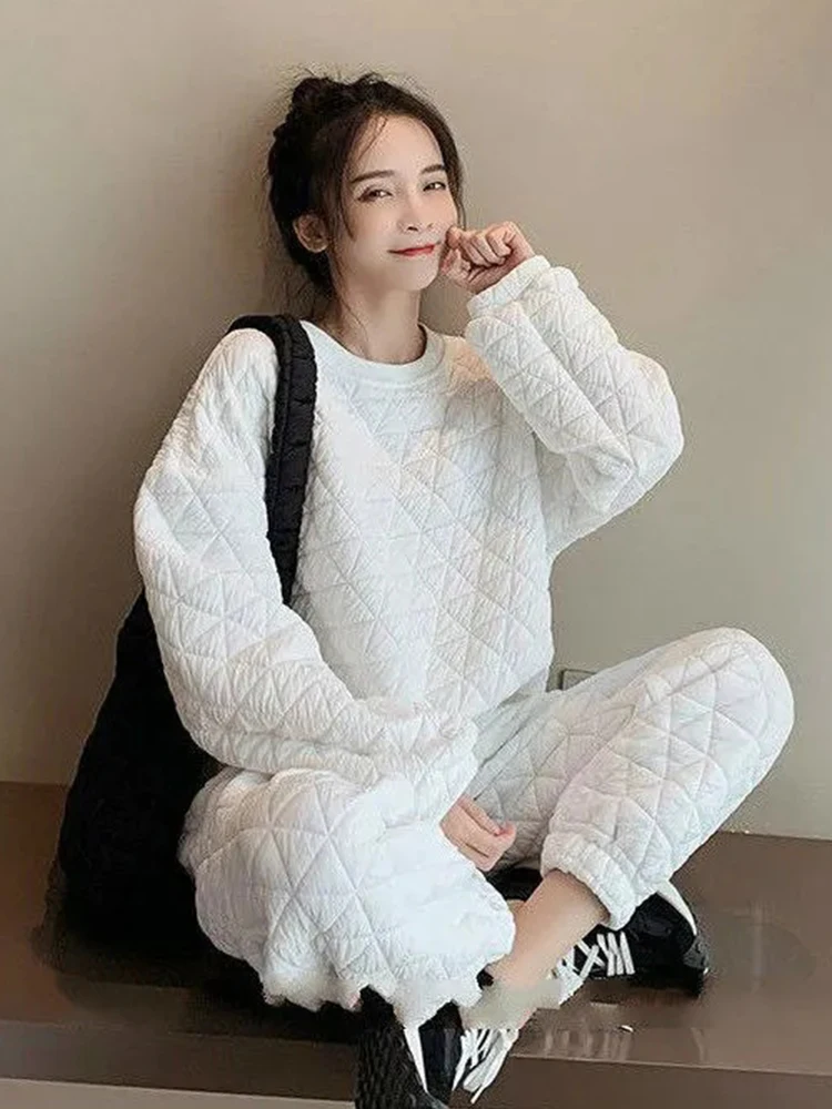 Thicken Warm Quilted Sweatshirt O- Neck 2 Piece Set Casual Thick Pullover Top Conjunto Baggy Wide Leg Ankle-length Jogger Outfit