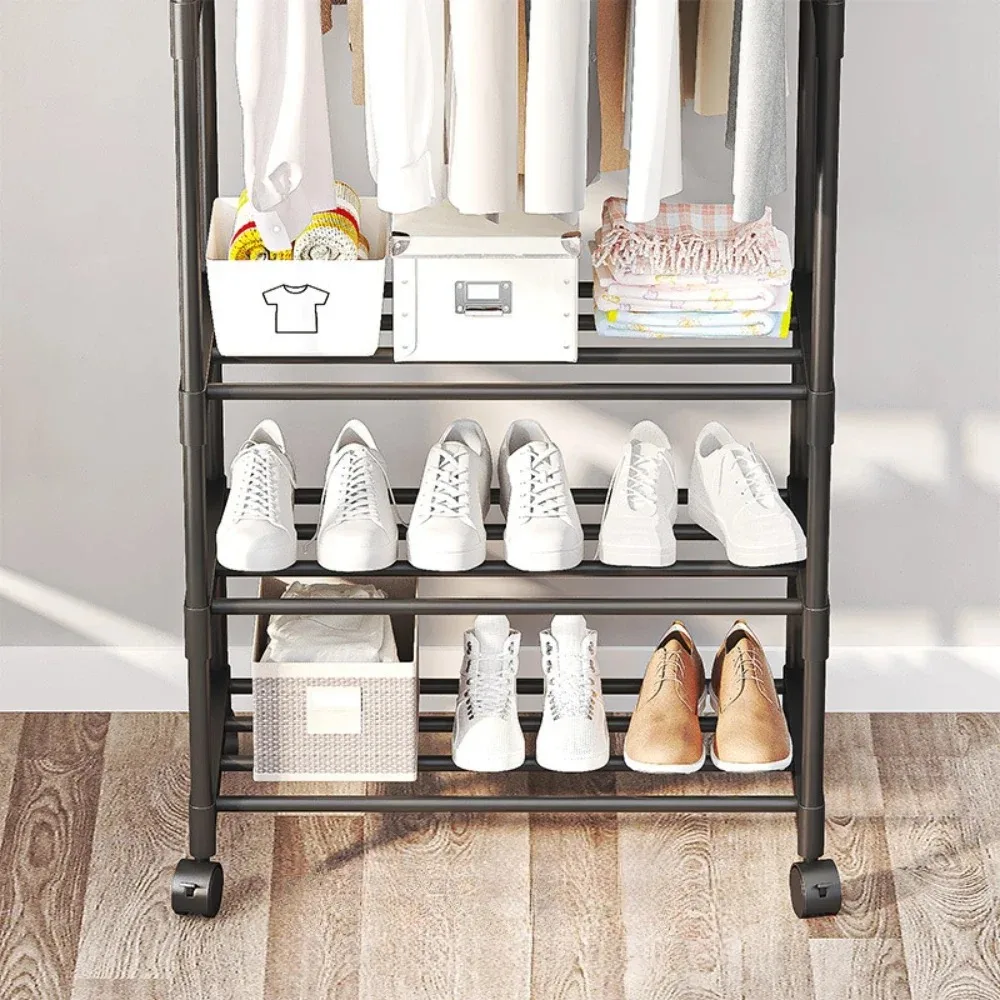 Double Pole Coat Rack Clothing Rack Stand Shoe And Hat Integrated Shelf clothes rack shoe and hat racks
