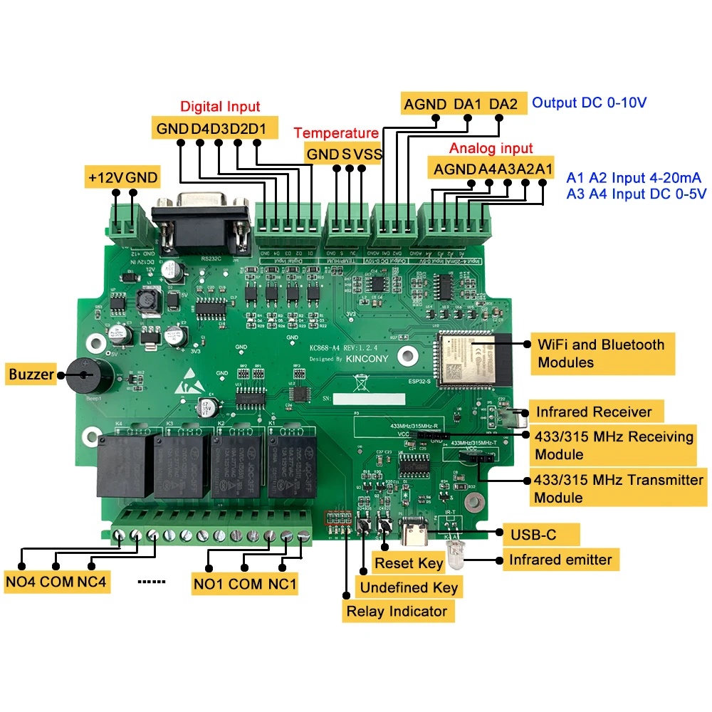 

Kincony A4 Smart Home Automation Module Controller WiFi Relay ESP32 Development Board Code By Arduino IR RF Remote Dimmer Switch