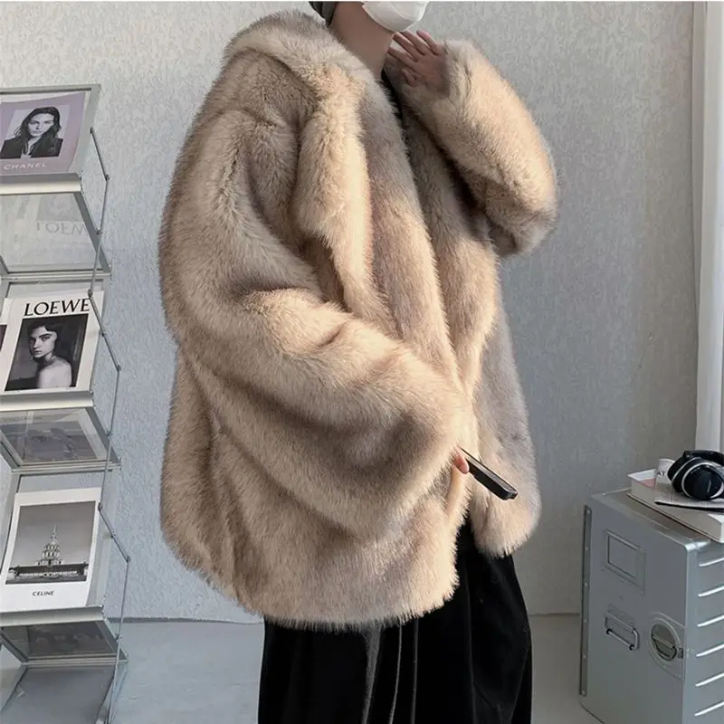 Fashion High Quality Warm Fur Coat Women's Men New Loose Warm Turn-down Collar Long Sleeve Jacket Female 2023 Winter