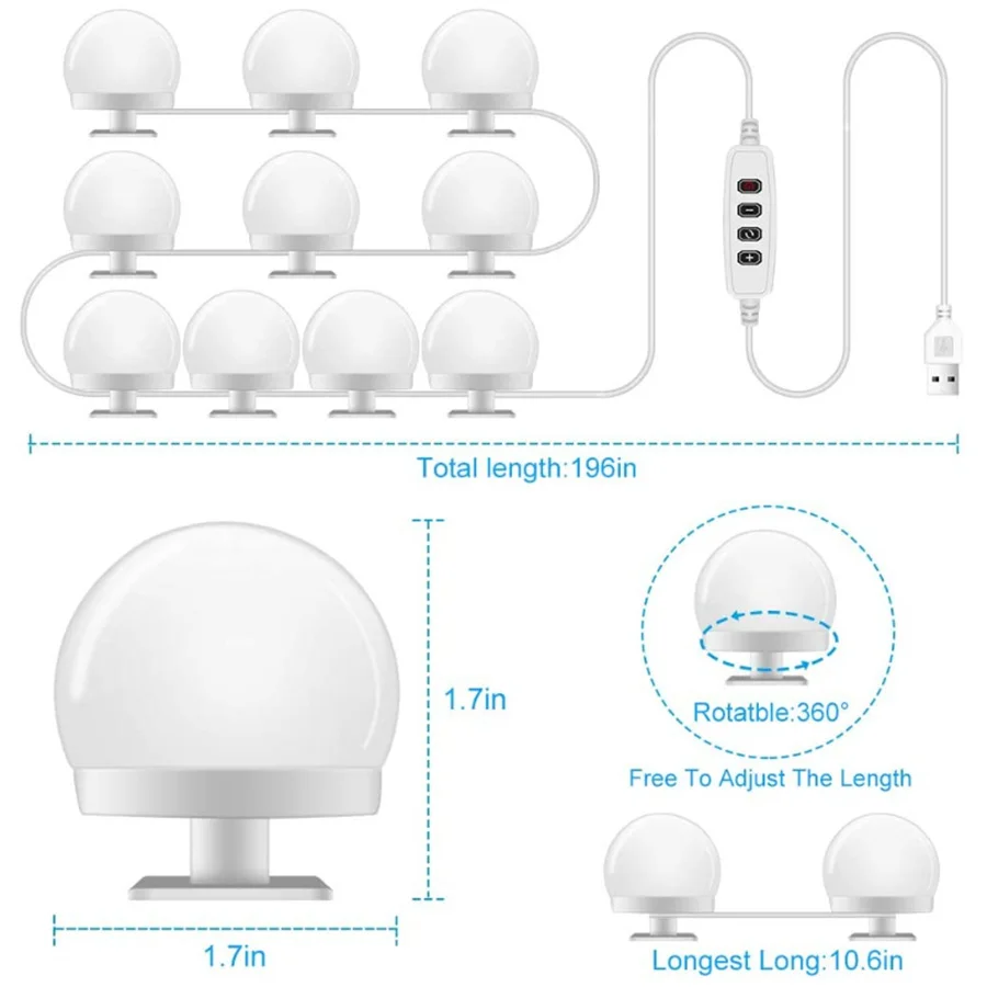 LED Professional Makeup Mirror Light for Bathroom Dressing Table Lamps USB Dimmable Mirror Front Lamps 3 Colors Vanity Lights