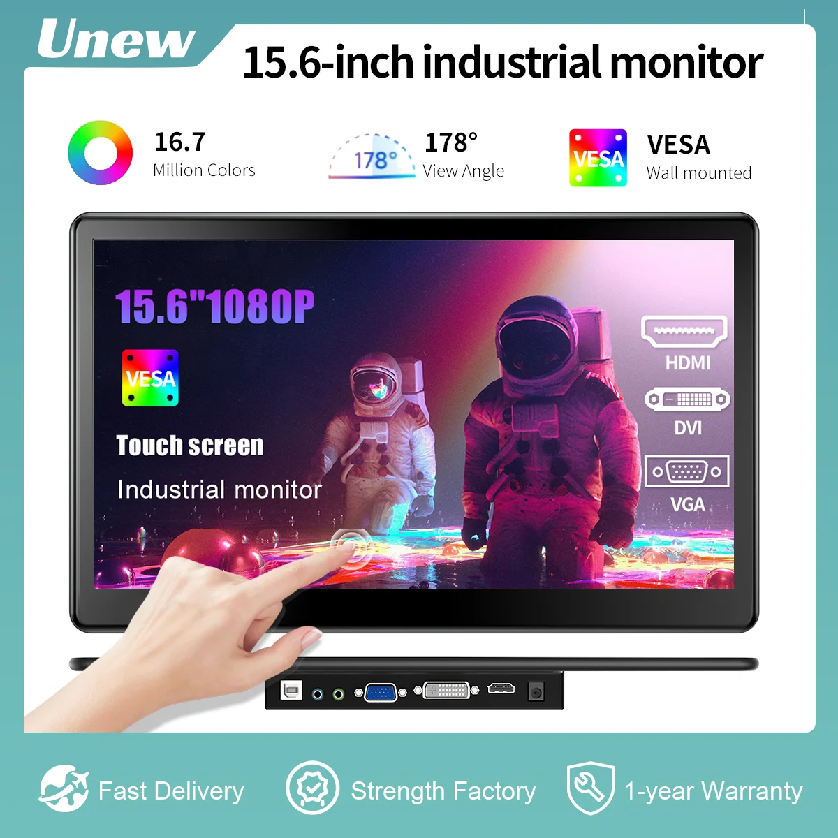 Unew 15.6 Pollici Touchscreen 1080P Ips Altoparlanti Industriali Con Vesa Hdmi Dvi Vga Per Raspberry Pi Laptop Pc Phone Ps4