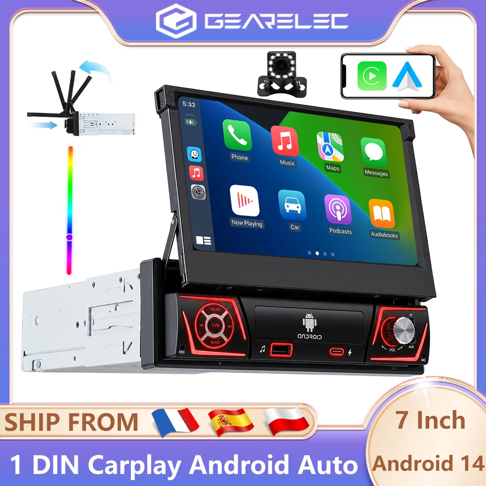 Radio para Auto GEARELEC con Android 14, 1 Din, Carplay, Android Auto, Pantalla Retráctil IPS de 7 Pulgadas, Reproductor Multimedia Universal para Auto, Navegación GPS, Bluetooth, FM, RDS, Estéreo para Auto 1