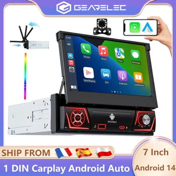 Radio para Auto GEARELEC con Android 14, 1 Din, Carplay, Android Auto, Pantalla Retráctil IPS de 7 Pulgadas, Reproductor Multimedia Universal para Auto, Navegación GPS, Bluetooth, FM, RDS, Estéreo para Auto 1
