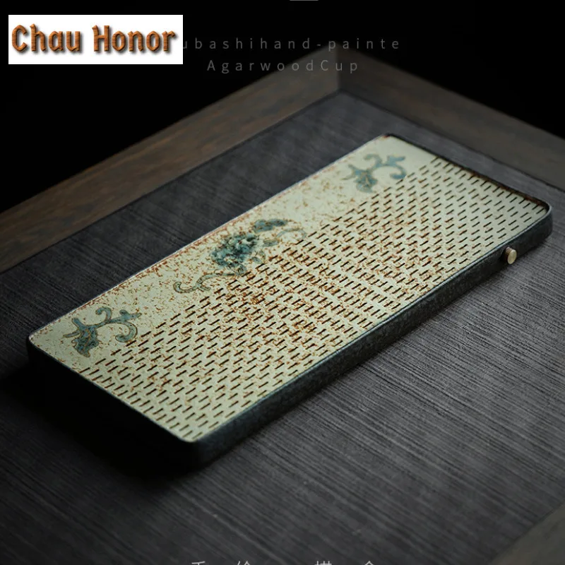 Blue And White Flint Red Rectangular Tea Tray Gold Draw Peony Flower Pot Bearing Support Tea Table Water Storage Dry Tea Table