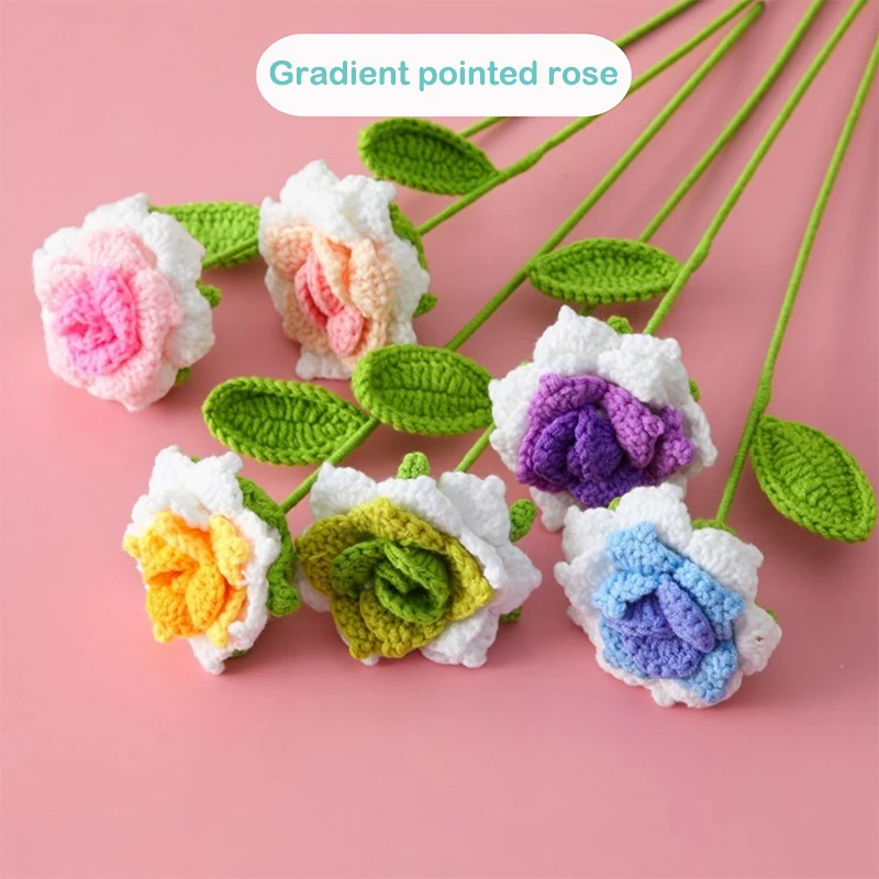 

Rose Flower Bouquet Hand-woven Fake Flower Simulated Crochet Gradient Roses Wedding Party Home Decor Valentine's Day Gift