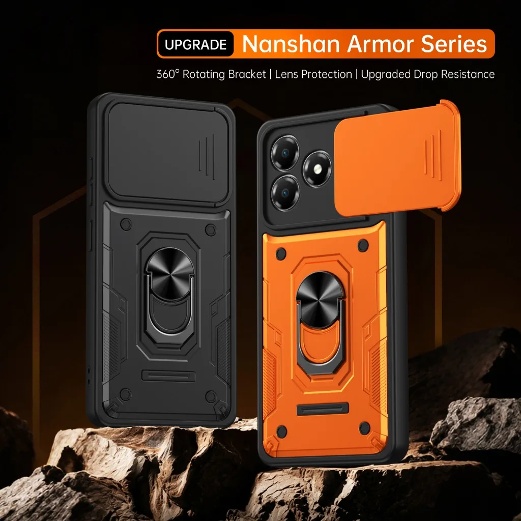 Shockproof Armor Phone Case with Slide Camera Protection and 360° Rotating Ring Holder Kickstand