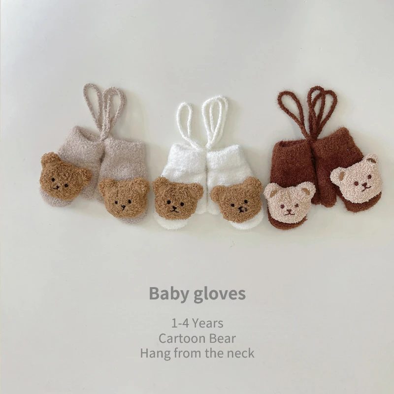 

1-4 Years Cartoon Bear Hang From The Neck Baby Mittens Winter Warm Kids Baby Girl Gloves Knitted Children Toddler Thick Mitten