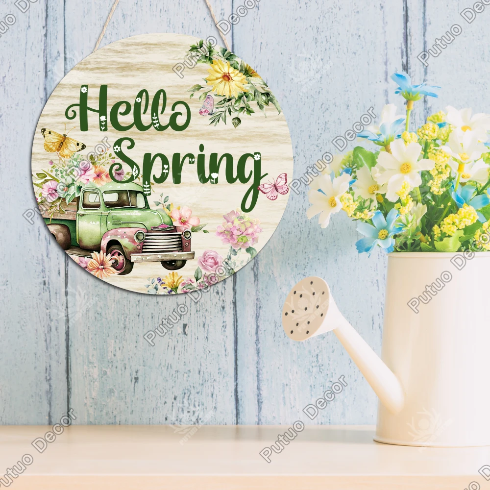 

Putuo Decor 1pc Wooden Round Hanging Sign Decor, Hello Spring, Wall Art Decoration for Home Farmhouse Cafe Florist's Shop,Gifts
