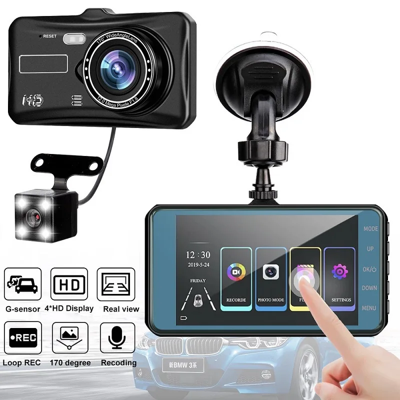 Car Tachograph HD Front and Rear Dual Recording 4 Inch Touch Screen Photography 1080P Driving Monitors Reversing Image 2
