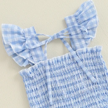 Independence Day Plaid Dress with Embroidered Stars and Stripes Smocked Flying Sleeve Ruffle Dress for Girls Summer Outfit 3