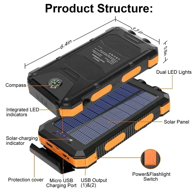 New Solar Power Bank Portable Waterproof Large Capacity 200000mah Fast Charging External Battery Power Super Bright Flashlight