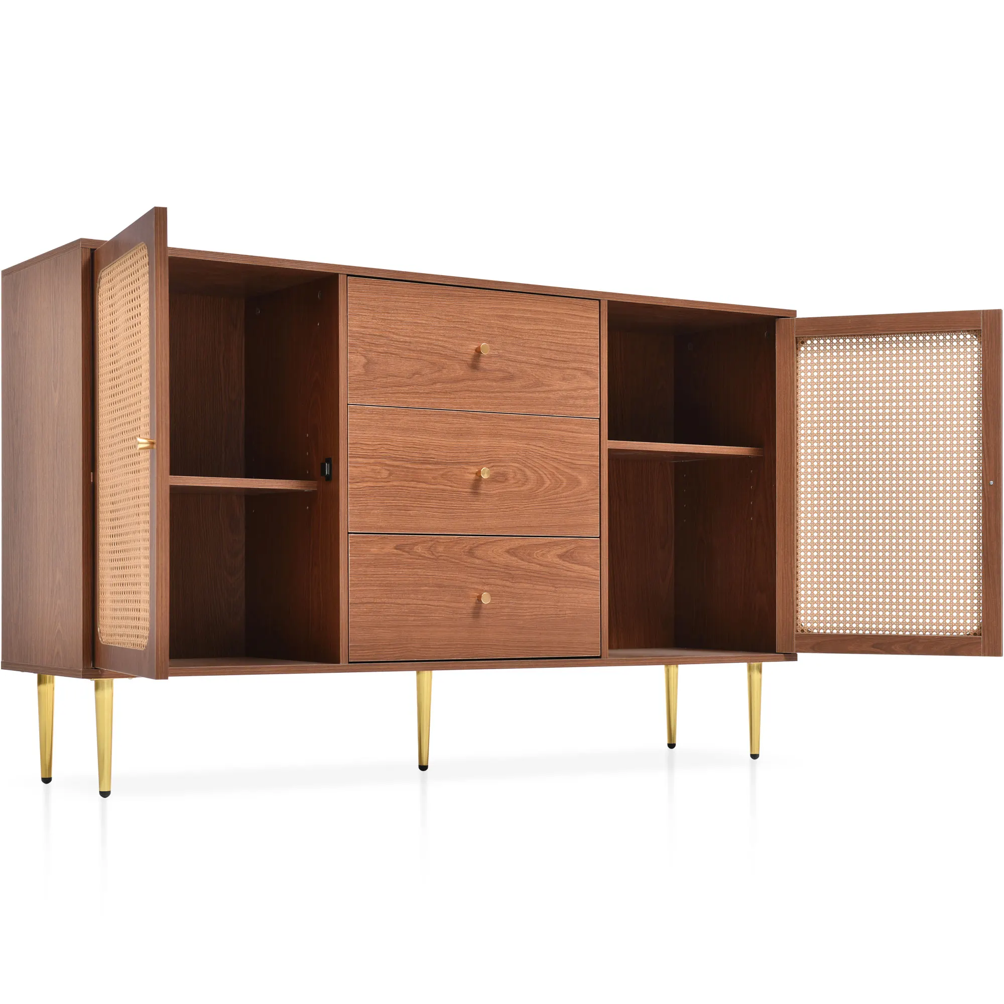 Kommode mit 2 Türen, 3 Schubladen, Rattanschränken, verstellbarem Regal, Walnuss-Finish – H90/B150/T40 cm. – Detail 24