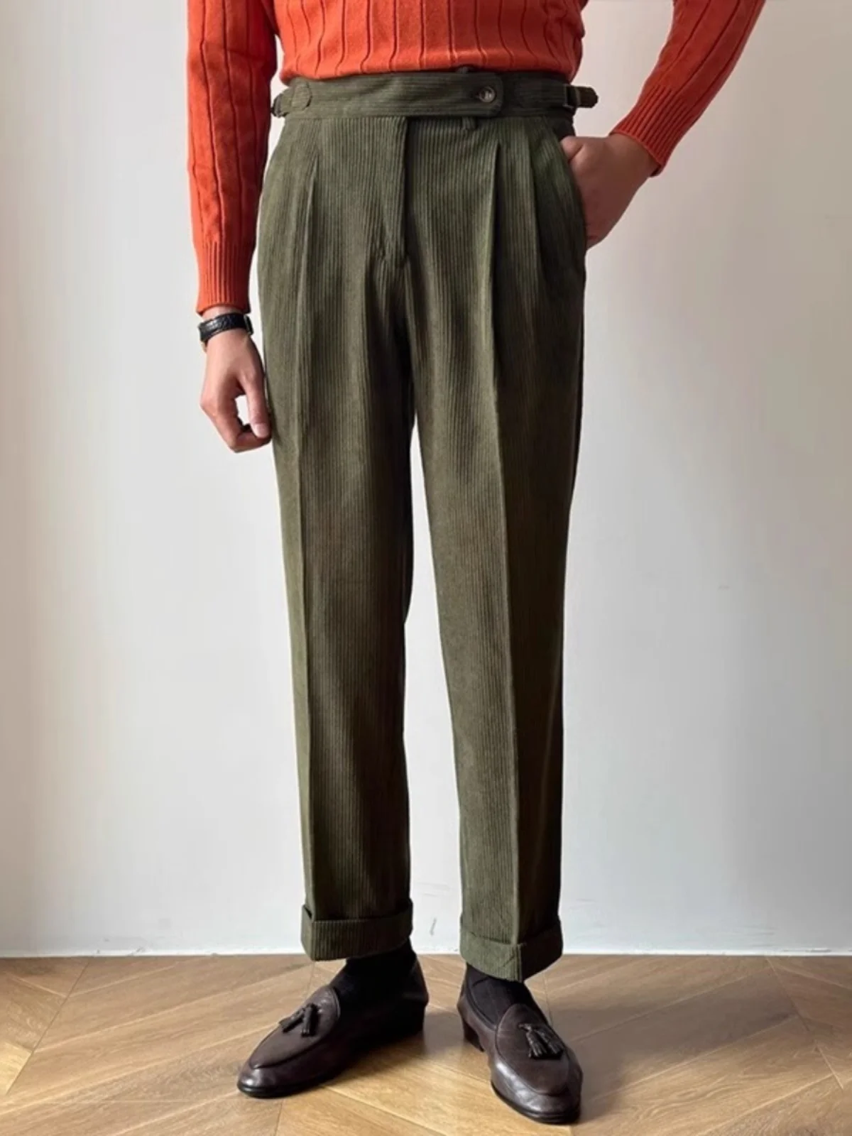 Autumn Winter Italian Vintage Naples Paris Button Corduroy Cuffed Busin Casual Trendy Long Pants Straight Leg Pants
