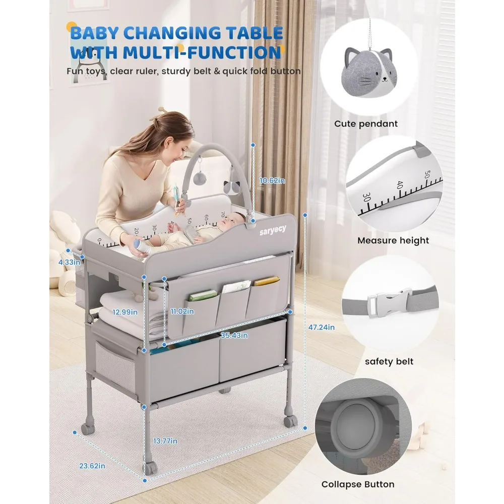 Portable Folding Diaper Changing Table with Waterproof Surface and Adjustable Height, Featuring 2 Storage Drawers for Baby Care