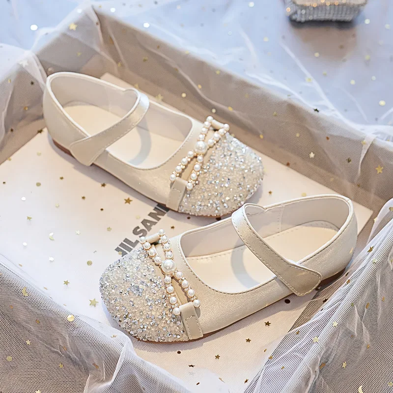 Leather Girls Party Flats Shoes with Rhinestone and Pearl