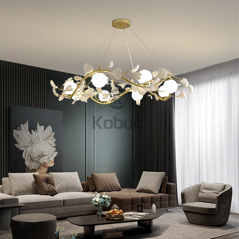 

Kobuc Nordic Gold Brance Chandelier Ceramic Ginkgo Biloba Lampshade Modern Chandelier Light for Bedroom Living room Dining room