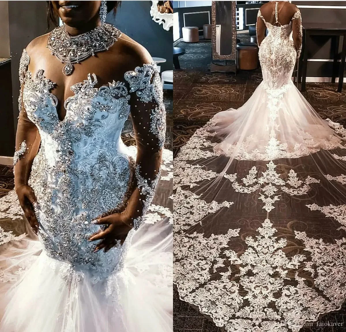 

Plus Size Wedding Dresses Lace Appliqued Crystal Beads High Collar Mermaid Wedding Dress Custom Made Country Style Bridal Gowns