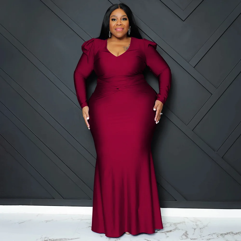 

Plus Size Party Dresses XL-5XL Solid Color Elegant Evening Dress Long Sleeve Women Clothing Sexy V Neck Autumn Maxi Vestidos