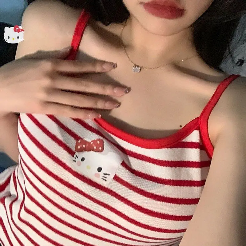 

Новинка, сексуальный жилет Sanrio Kawaii Kuromi Hello Kitty, женские летние мягкие Модные полосатые майки в японском стиле для студентов