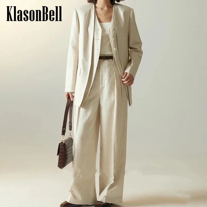 

1.10 KlasonBell Women V-Neck Vest Spliced Fake Two Piece Blazer + High Waist Wide Leg Pants Herringbone Linen Comfortable Set