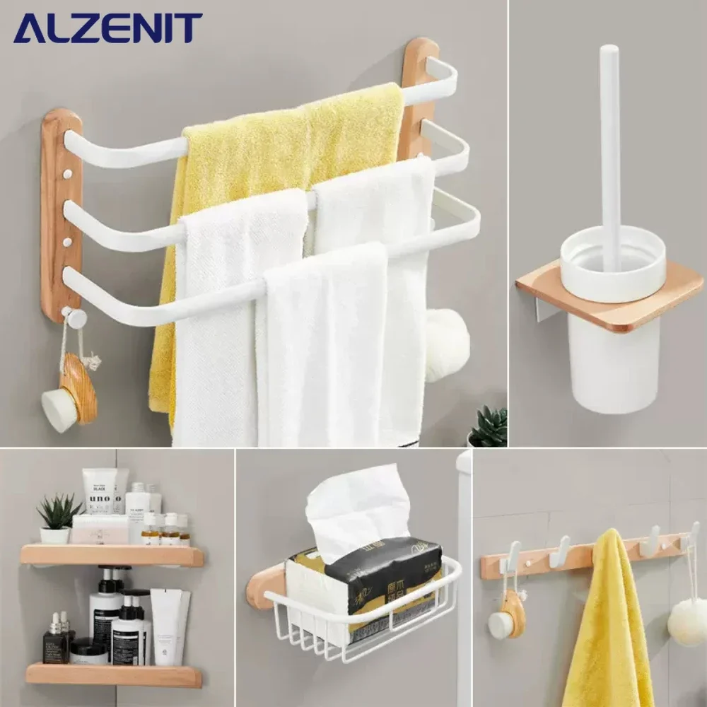 White Solid Wood Towel Rack Hanger Wall Shelves Walnut Bath Folding Bars Hooks Toilet Brush Paper Holder Bathroom Hardware Parts