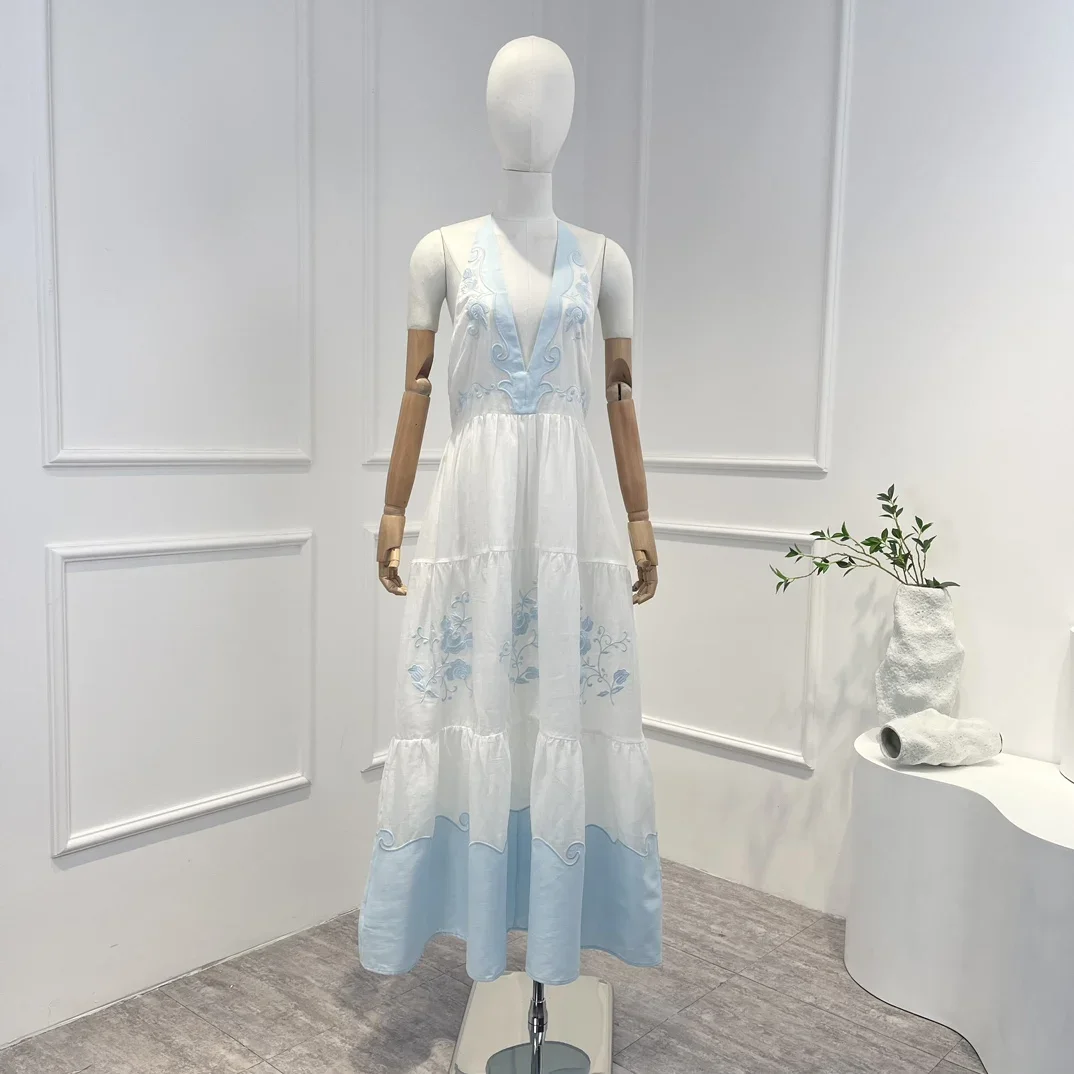 

Summer Top Quality Sky Blue 2023 Embroidery Patchwork Sleeveless Deep V-neck Backless Elegant Midi Dress for Lady