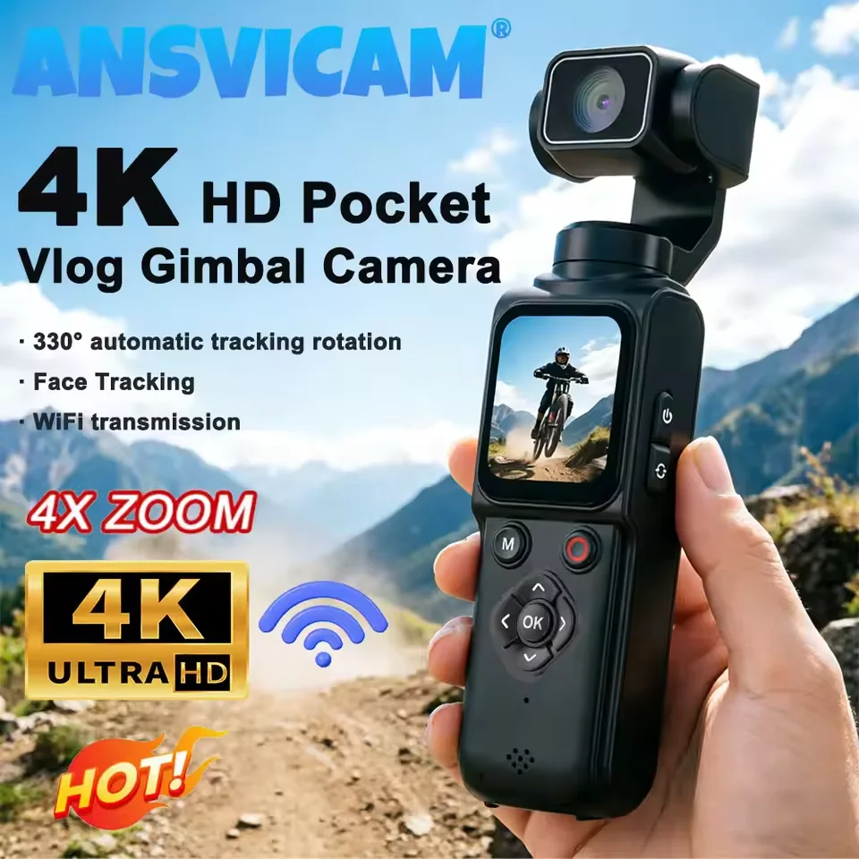 4K Pocket Action Camera Handheld Stabilized Gimbal 75MP 330° Auto-Tracking Vlogging Camera 1.7-in Touchscreen WiFi Sports Camera