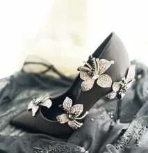 

Original Design Black Pointy Toe Crystal Butterfly High Heel Women Luxury Handmade Stain Pumps Wedding Bride Party Shoes 2022New