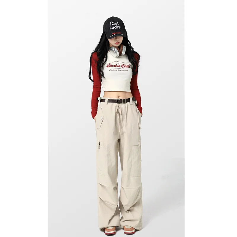 

White Vintage Cargo Jeans Fashion Pocket High Waist Straight Pants High Street Baggy Streetwear Wide Leg Denim Trouser Ladies
