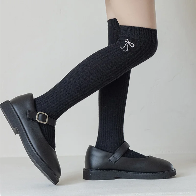 Spring Autumn JK Lolita Kids Girls Legging Stocking Simplicity Sweet Embroidery Bow Knee High Long Sock Soft Cotton School Socks