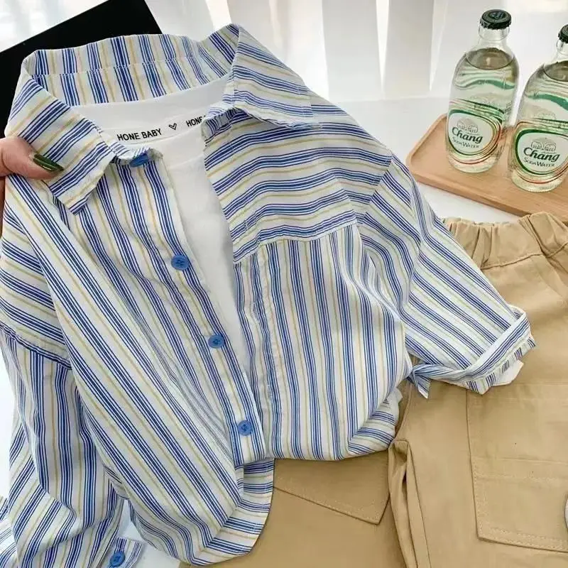 Boys' Shirt 2024 Spring and Autumn New Kids Stripe Long sleeved Shirt Children's Korean casual top1-7T