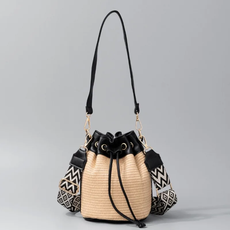 Handmade straw Women's bag Buckets Tote  Hollow Drawstring Canvas Cylinder Small Bag Summer Handbag Bucket Purse messenger bags