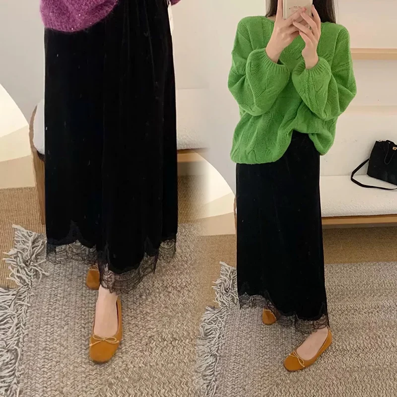 Good Quality Maternity Winter Velour Skirts Lace Hem Patchwork Long Loose Pregnant Woman Black Elegant Belly Skirts for Party