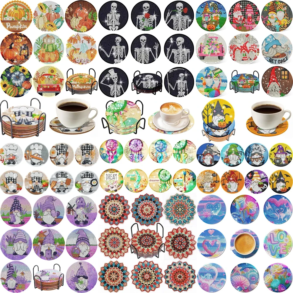 

8Pcs DIY Diamonds Painting Coaster Animal Flower Non-slip Anime Art Mosaic Cup Cushion with Rack Rhinestones Paintings Decor