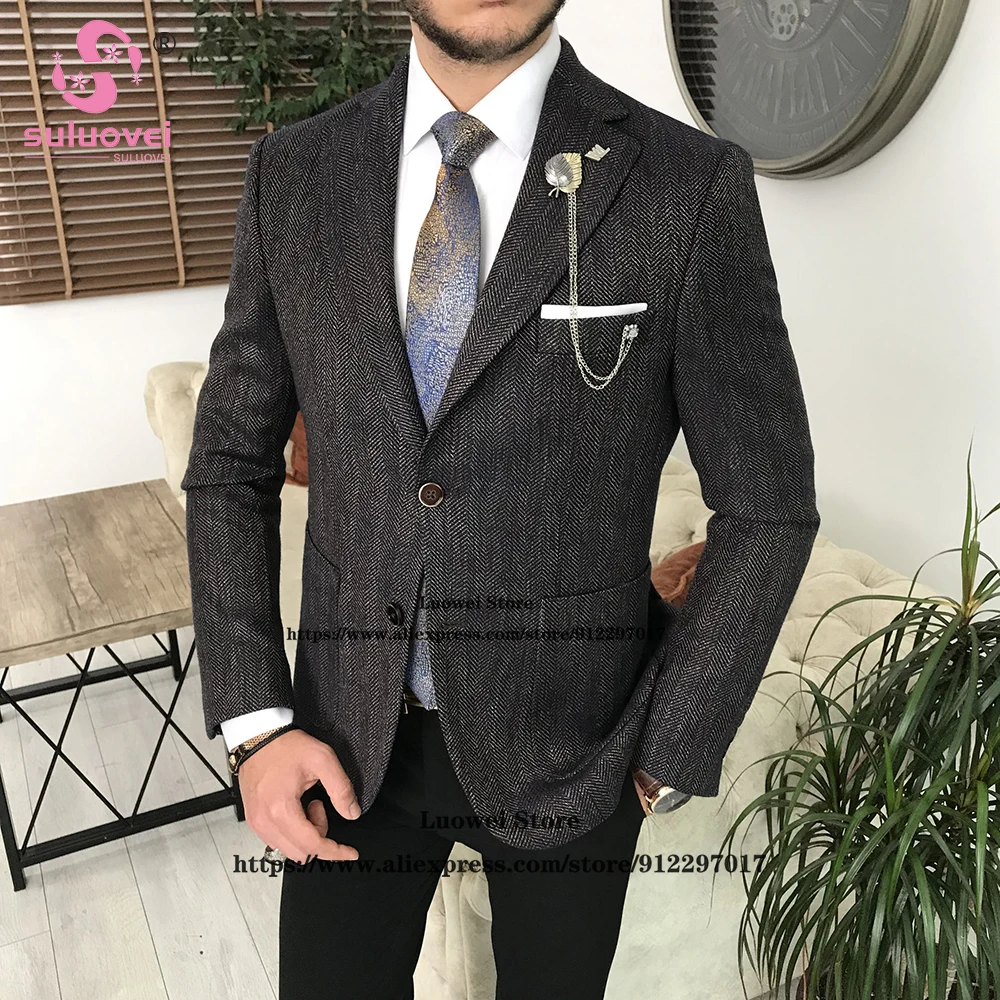 

Whiter Herringbone Tweed Suits For Men Wool Slim Fit 2 Piece Jacket Pants Set Male Business Blazer Formal Groom Wedding Tuxedo