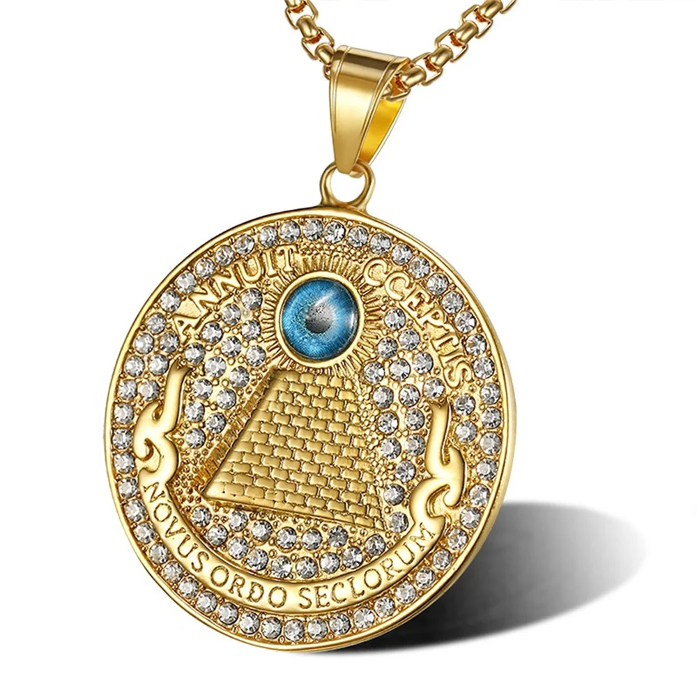 

Golden Egyptian Pyramid Necklaces For Men Gold Color Stainless Steel Iced Out All See Eye of Providence Pendants Jewelry Gifts