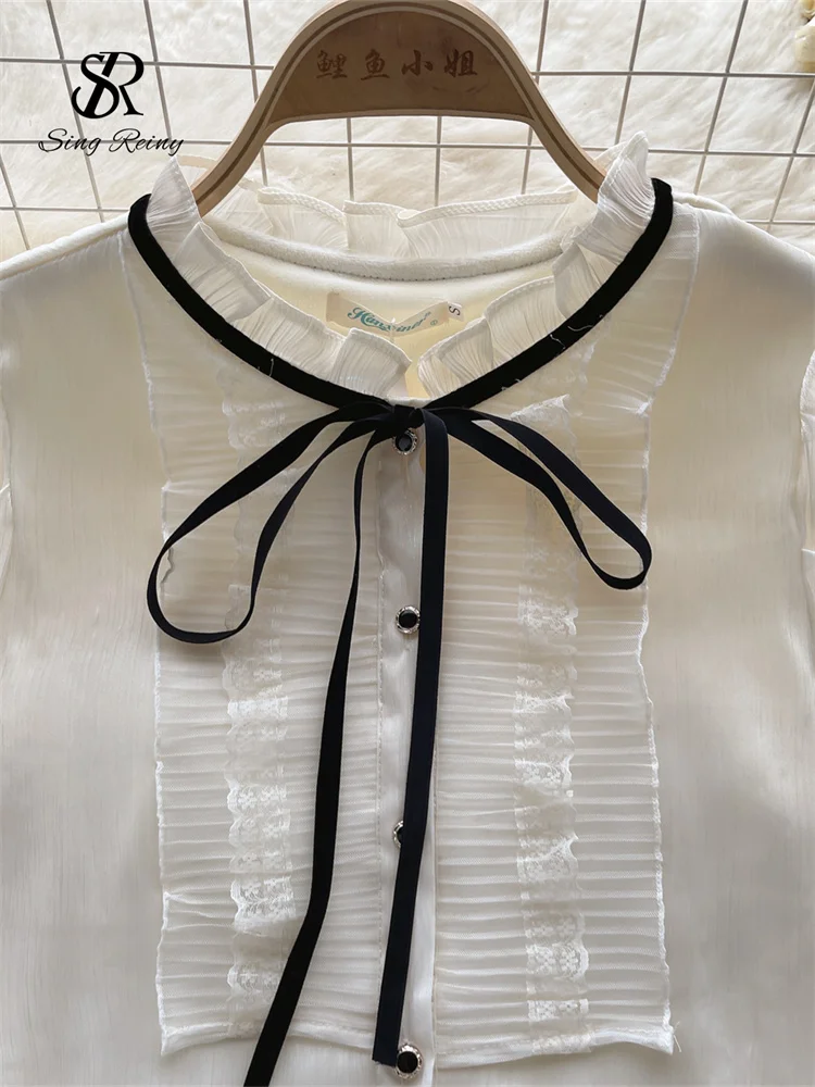 SINGREINY France Senior Satin Blouse Women Ruffles Bow Long Sleeve