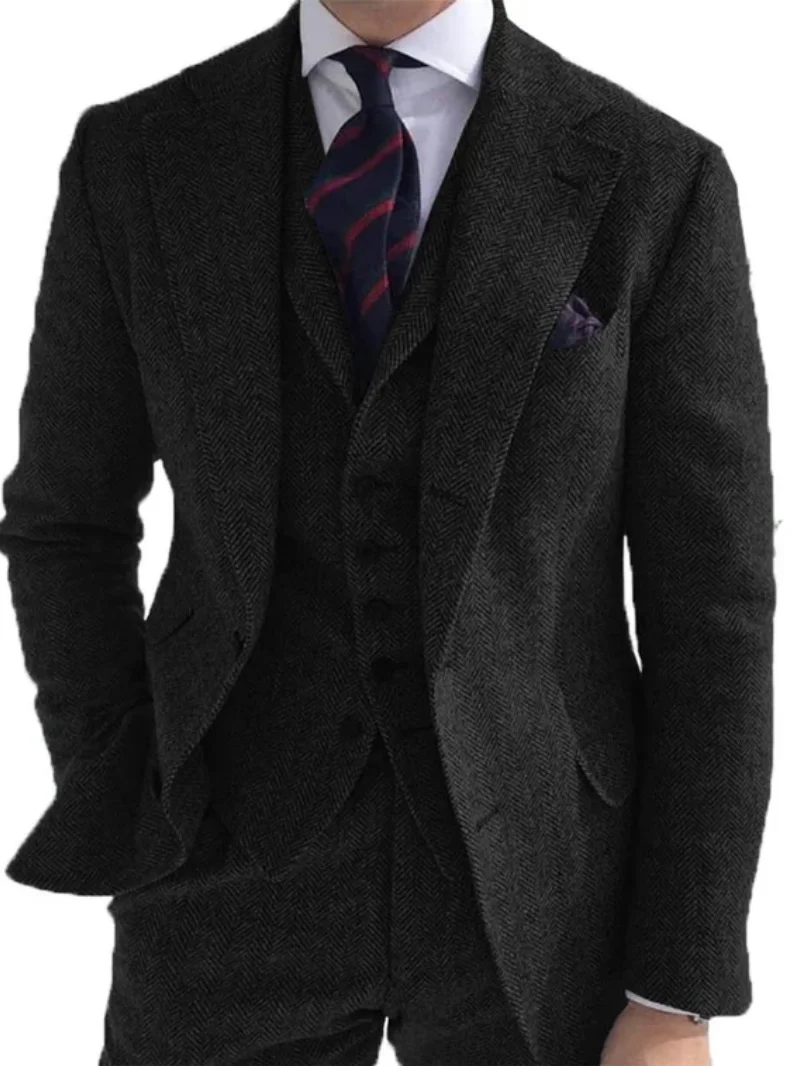 3 pezzi abiti da uomo in lana verde tweed a spina di pesce business retrò modello classico smoking per giacca da sposa pantaloni gilet 2