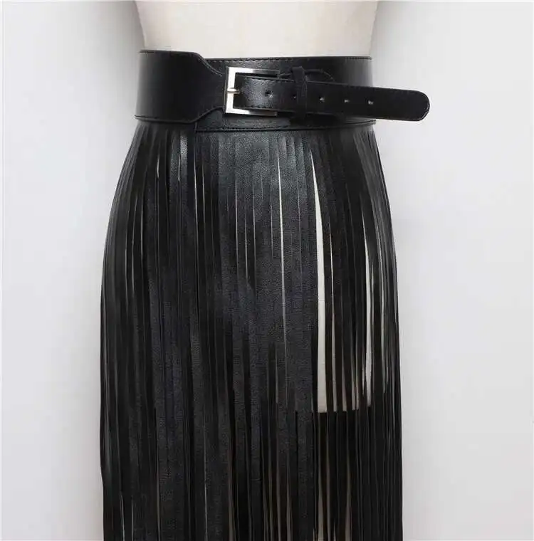 LANMREM Basics PU Leather Skirt Women Belt Black Color High Street Decoration Full Tassels Skirts Female New Fashion 2DC1326 17 Se7ec017d13624041823176693dca609bf
