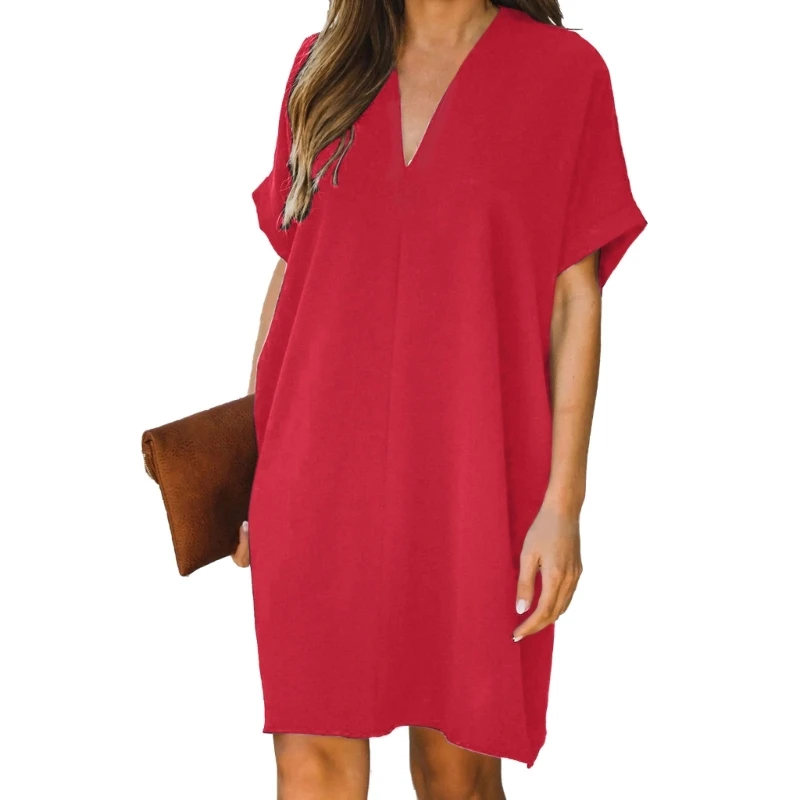 

Women Short Sleeve Casual Summer Solid Color Mini Dress V Neck Loose Fit Dress Dropship