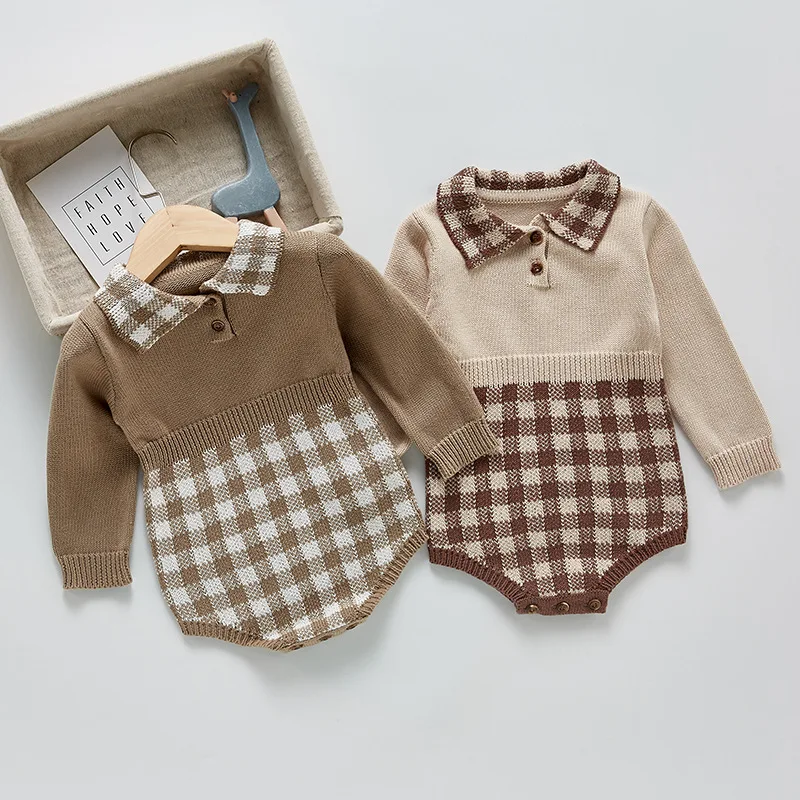 

2023 Spring New Infant Knitted Baby Girls Clothes Long Sleeve Climbing Bodysuits 2 Colors New Year Outfit 0-3y Ins Twins Clothes