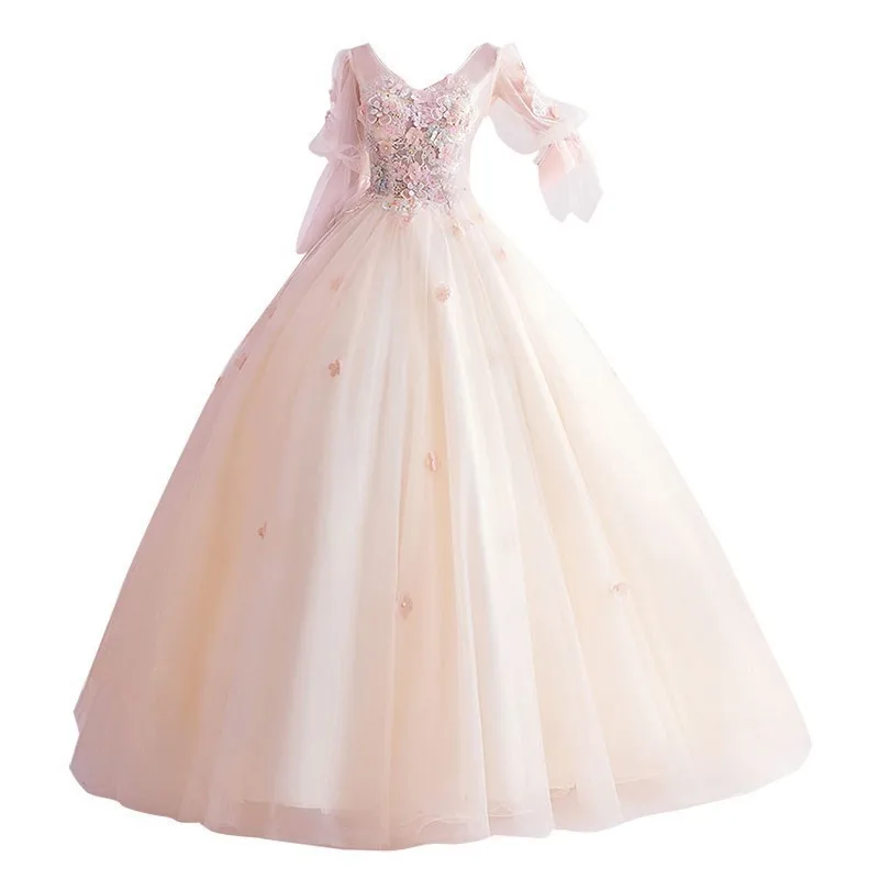 

3D Flowers Appliqued Quinceanera Dresses 2024 Sheer Long Sleeve Ball Gown Corset Birthday Party Dress Vestidos De 15 Quinceañera