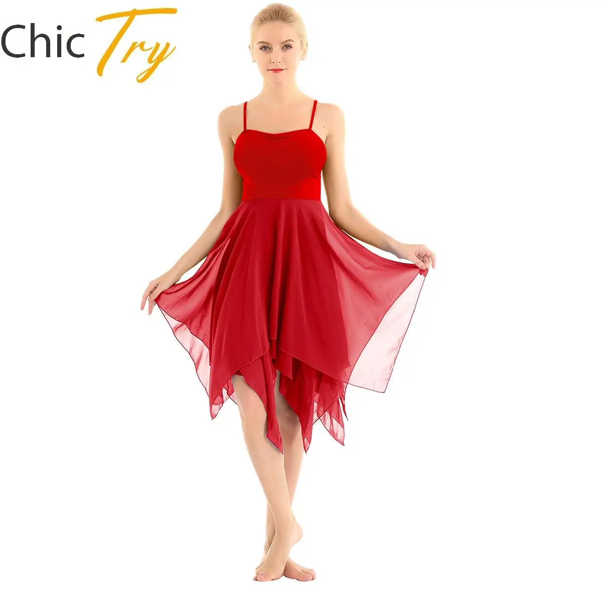 

Women's Ballet Dance Dress Sleeveless Asymmetric Chiffon Lyrical Dress Leotards Modern Ballroom Contemporary Dance Dresses