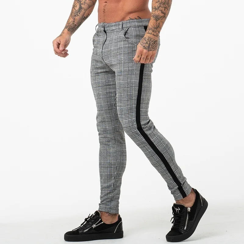 

Fashion New Tide Casual Trousers Men's Small Feet Long Pants High Elasticity Men Plaid Pencil Pants Stacked Sweatpants