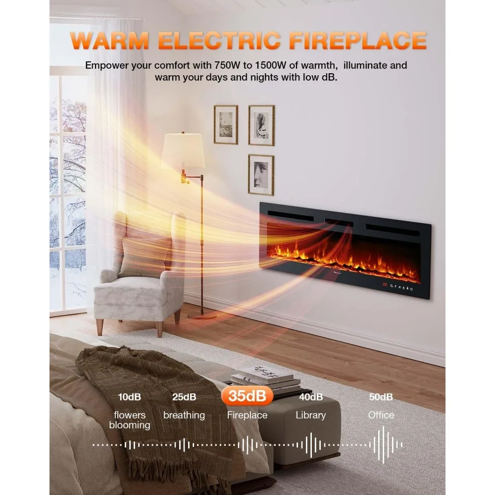 Electric Fireplace 60Inch,Realistic Flame Electric Fireplace Heater,Log Set/Crystal Flames 750-1500W with Timer Inserts/Mounted 4