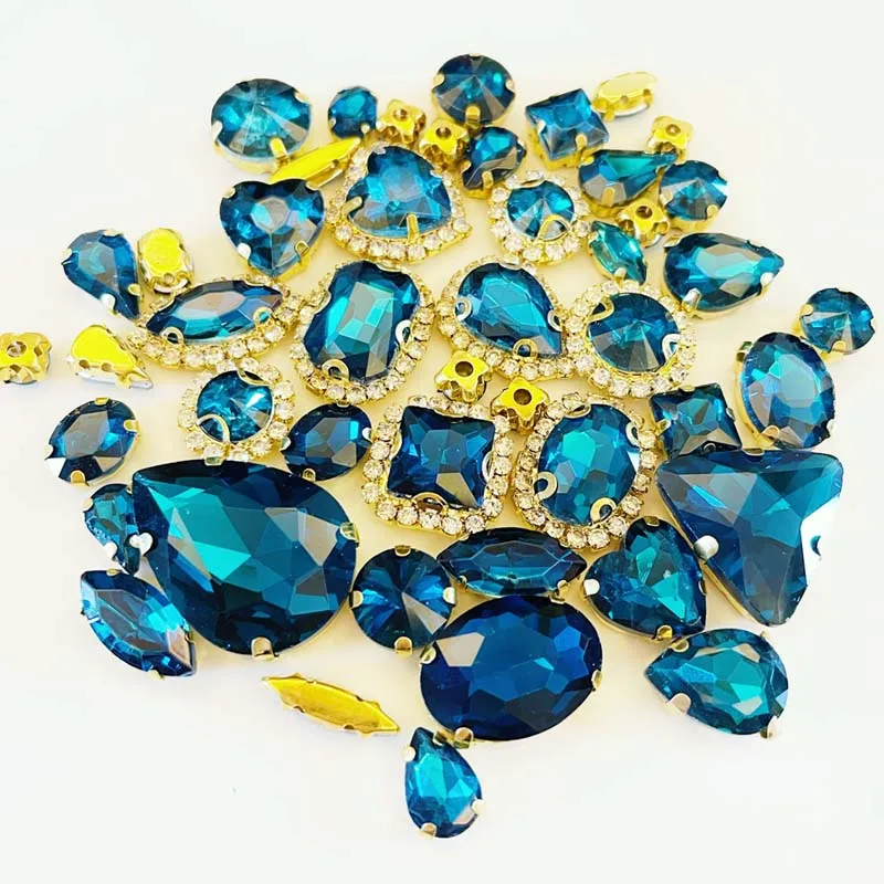 

58pcs Mix Shape Shiny Peacock Blue Sew on Stones,Gold Base Crystal Glass Loose Rhinestones, Diy/Clothes/Wedding Decoration
