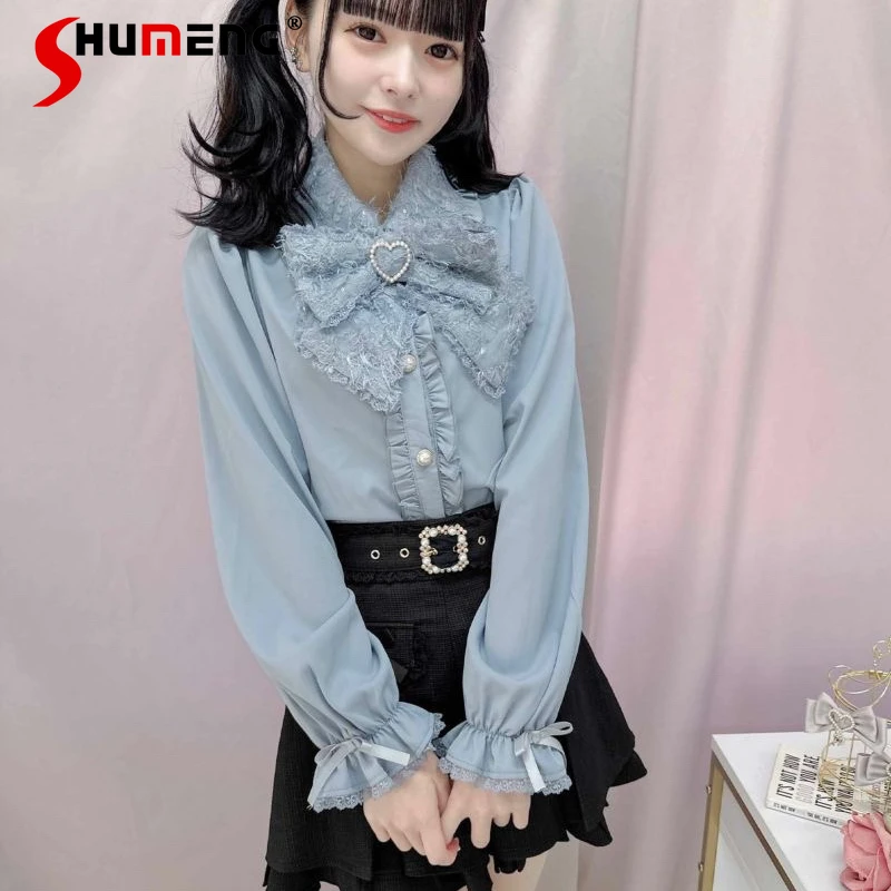 

Japanese Style Lolita Ribbon Bow Shirt for Women 2024 Spring New Sweet Cute Mine Series Mass Production Lace Pleating Blouses