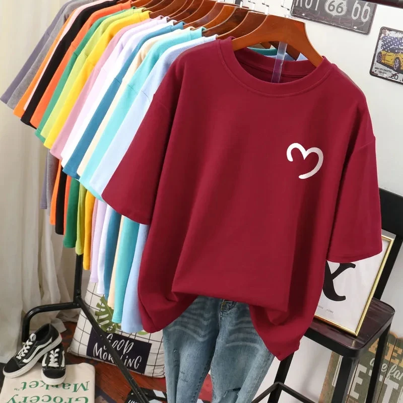 Plus Size 5XL 150KG Summer Cotton T shirt for Women Short Sleeve O Neck Femme Hearted tee Big Tops For Women Loose t shirt